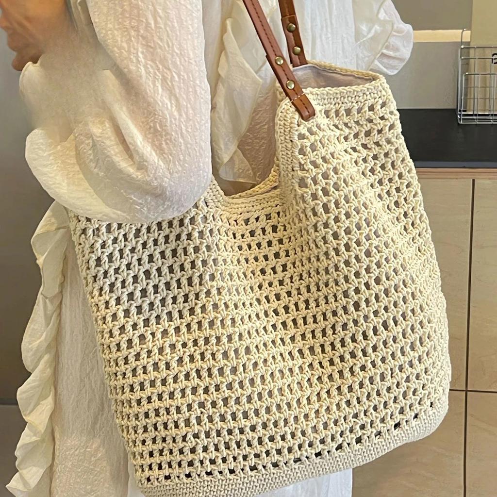 Beach Vacation Hole Woven Bag Large Capacity Hollow Out Mesh Versatile Shoulder Tote Bag