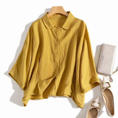 Women's Spring and Summer Casual Loose Linen Short-sleeved Solid Color Shirt