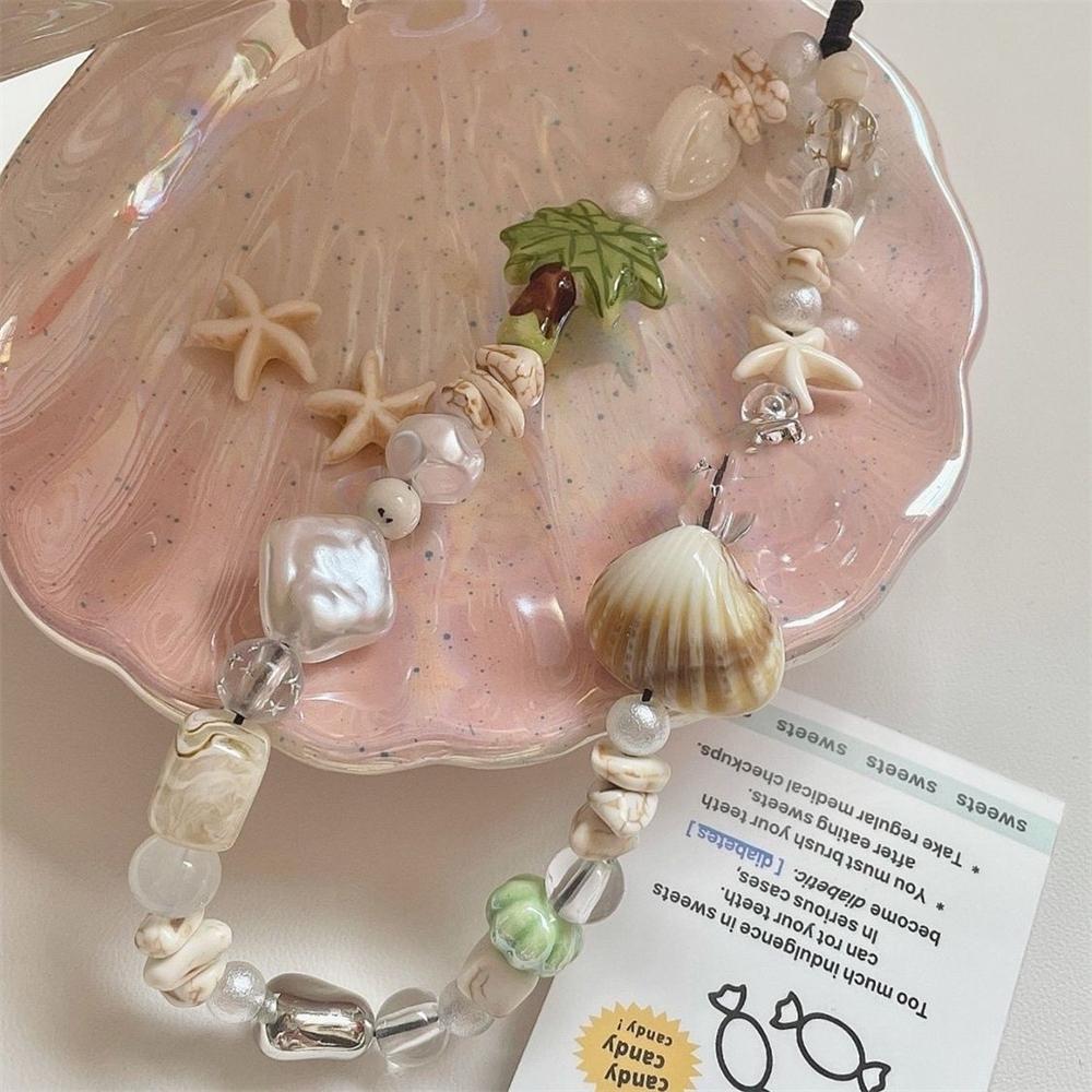

Summer Coconut Tree Starfish Pendant Beaded Phone Charm Strap Sea Shell Ocean Style For iPhone Chain Lanyard Hanging Cord Woman