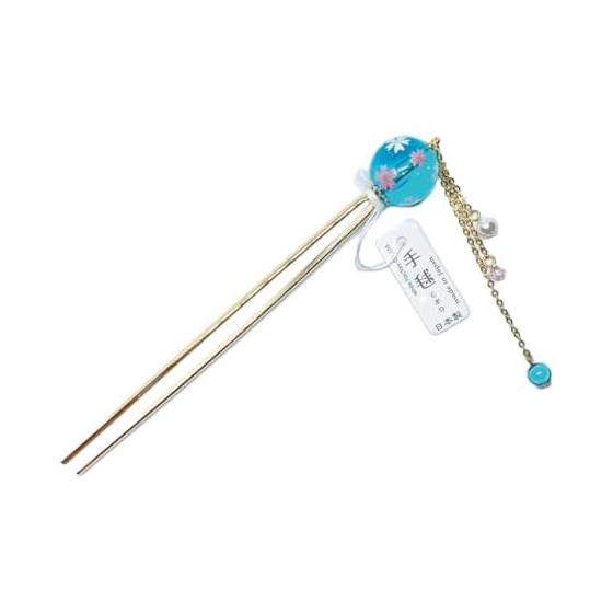 Temari Kanzashi Hairpin with Acrylic Beads, 2-Prong (Miyako Sakura Blue) - Large Transparent Acrylic Beads, Elegant & Cute Japanese Pattern,