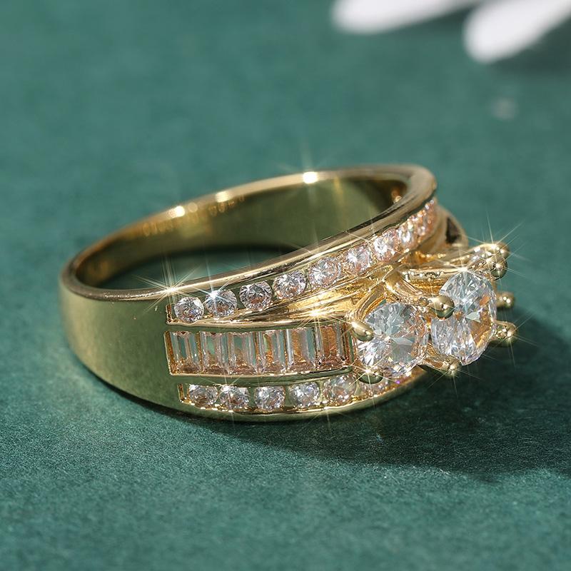 Dazzling Gold Color Inlaid White CZ Women's Ring Geometry Daily Wear Party Jewelry