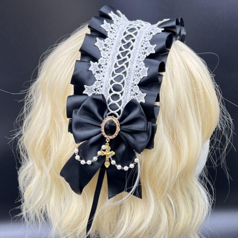 Ribbon Bow Lolita Lace Headband Sweet Maid Cosplay Headdress Cute Ruffled Hairband  Girls