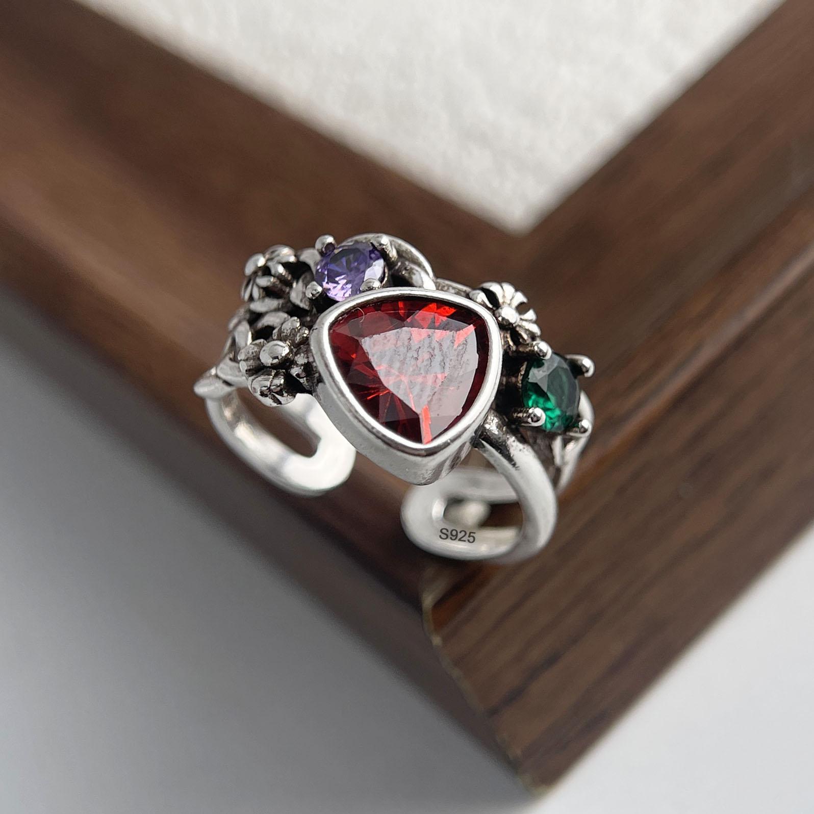 

925 Sterling Silver Rings for Women Couple Minimalist Handmade Simple Retro Red Stone Ring Fine Jewelry Gift Prevent Allergy resizable