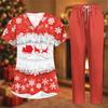 Women's Christmas Print Short Sleeve Scrub Two-Piece Set with Pocketed Top and Pants