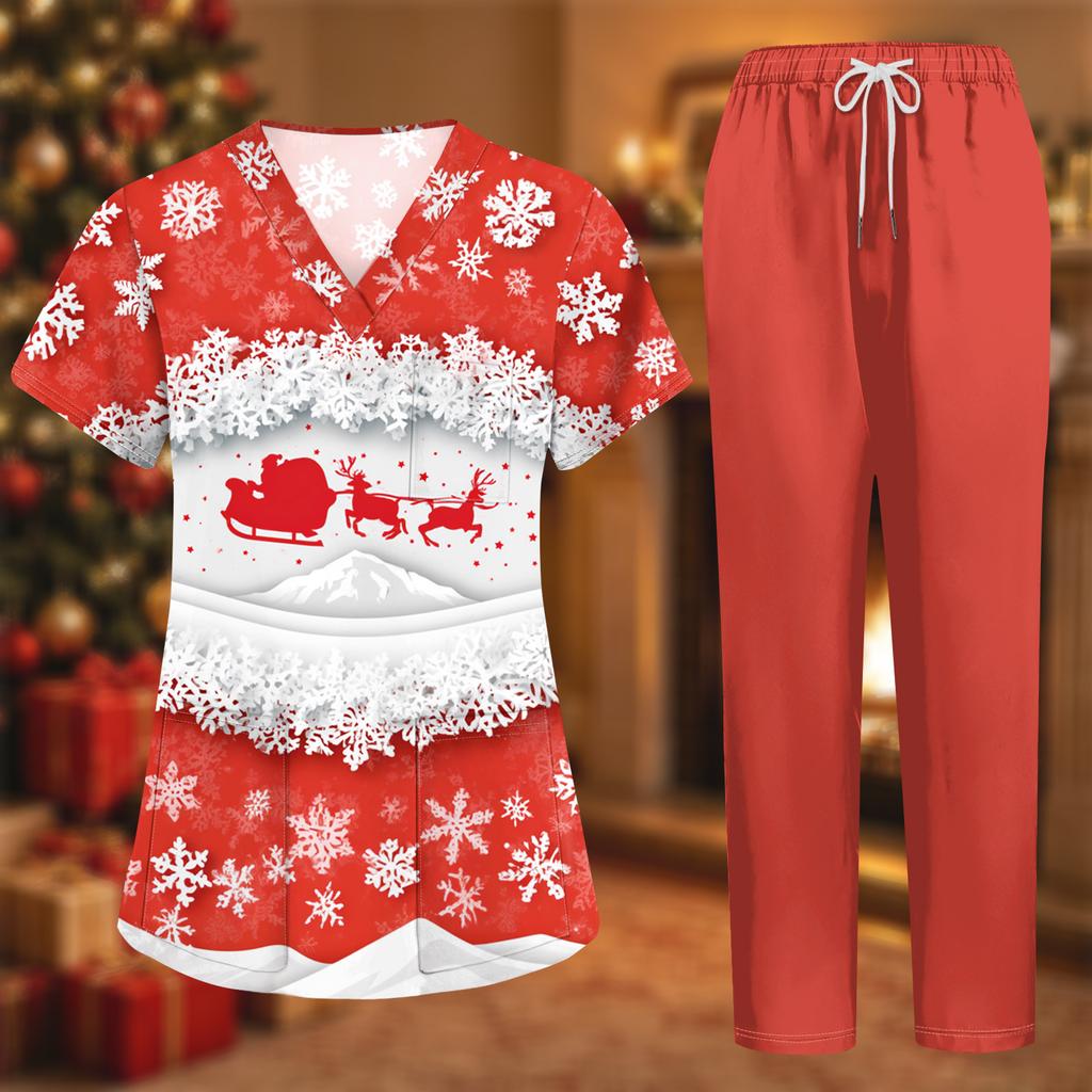 Women's Christmas Print Short Sleeve Scrub Two-Piece Set with Pocketed Top and Pants