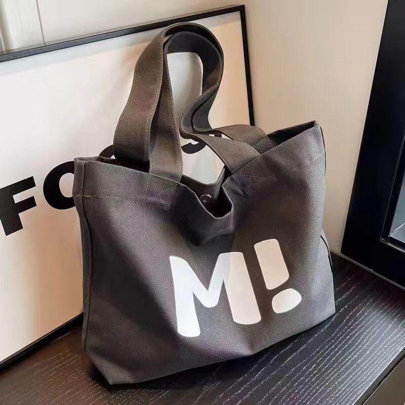Beige Canvas Tote Bag With Cute Letter Print Large Capacity For Commute School Work Shopping