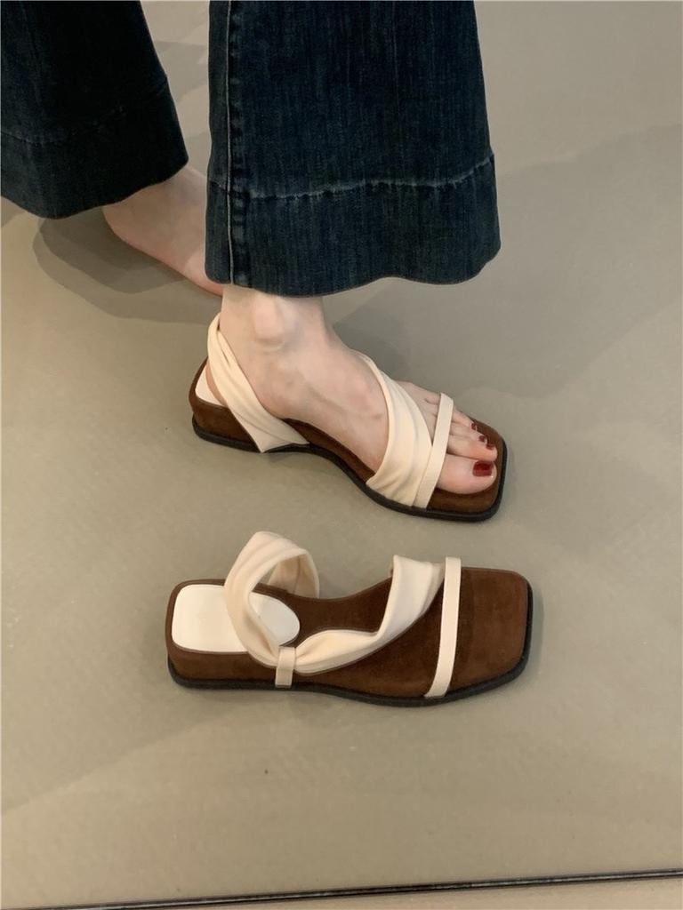 Thick-soled square head retro one-word with sandals for women to wear in the summer of 2025 with skirts and casual two-wear Roman sandals