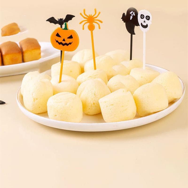 50PCS Plastic Halloween Toothpicks Halloween Cupcake Topper Ghost Bat Spider Fruit Toothpicks Halloween Party Cake Decorations