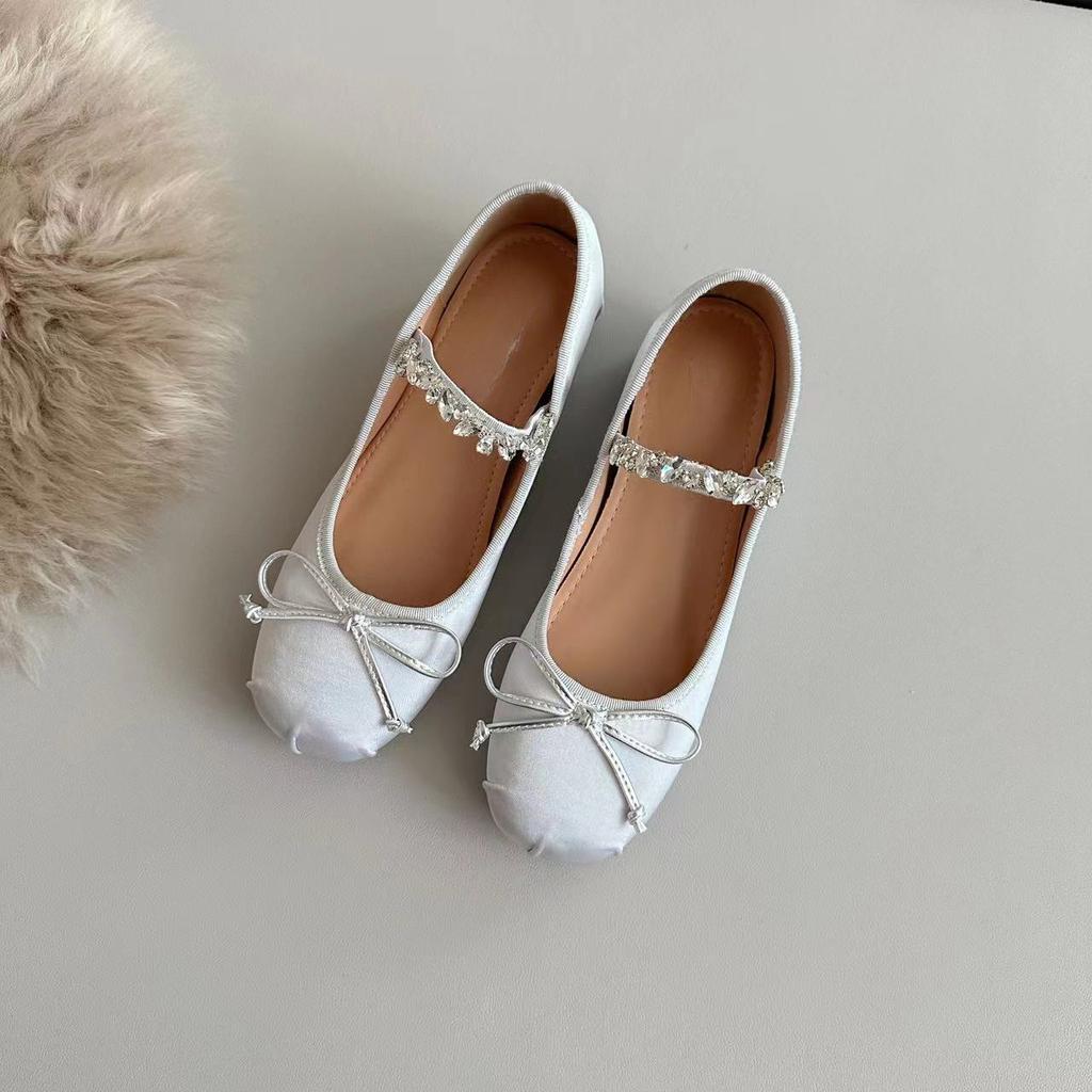 2025 New Diamond Belt Increase 4 Cm ~ Satin Bow Small Round Head One-line Drill with Shallow Mouth Ballet Single Shoes for Women