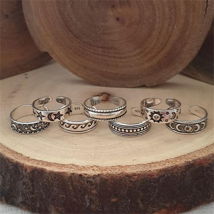 

7pcs/set Vintage Zinc Alloy Star & Moon Detail Cuff Toe Ring For Women For Daily Decoration KTJ
