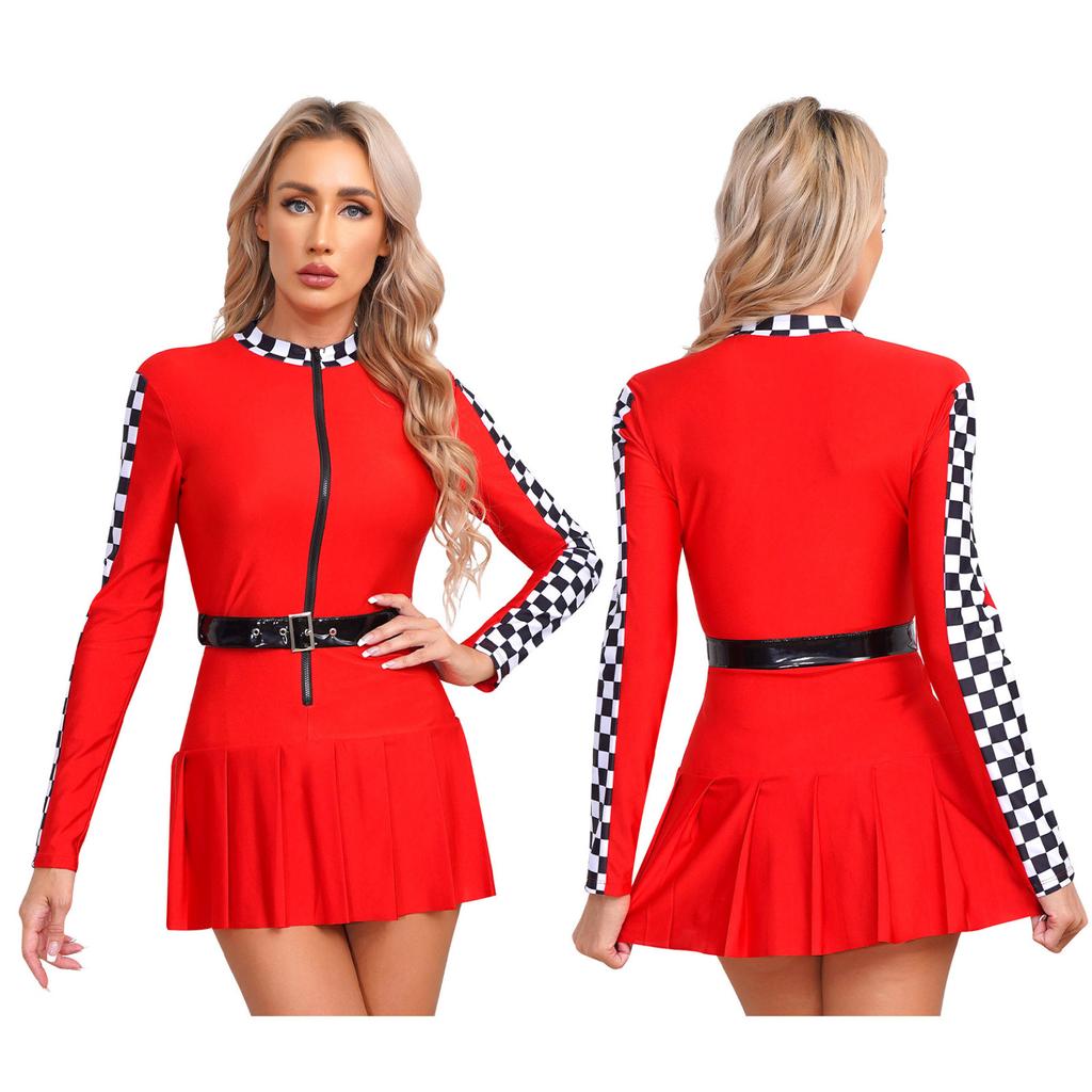 Cosplay Theme Party Cheerleading Dancewear Racer Girl Racing Race Car Driver Costume A-line Checkerboard Pleated Dress with Belt
