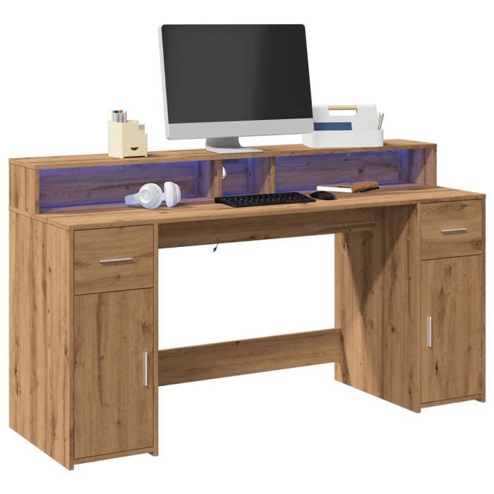 VidaXL Bureau avec lumières LED chêne artisanal bois d'ingénierie, bureau de travail, bureau d'étude, bureau à domicile, 3309437