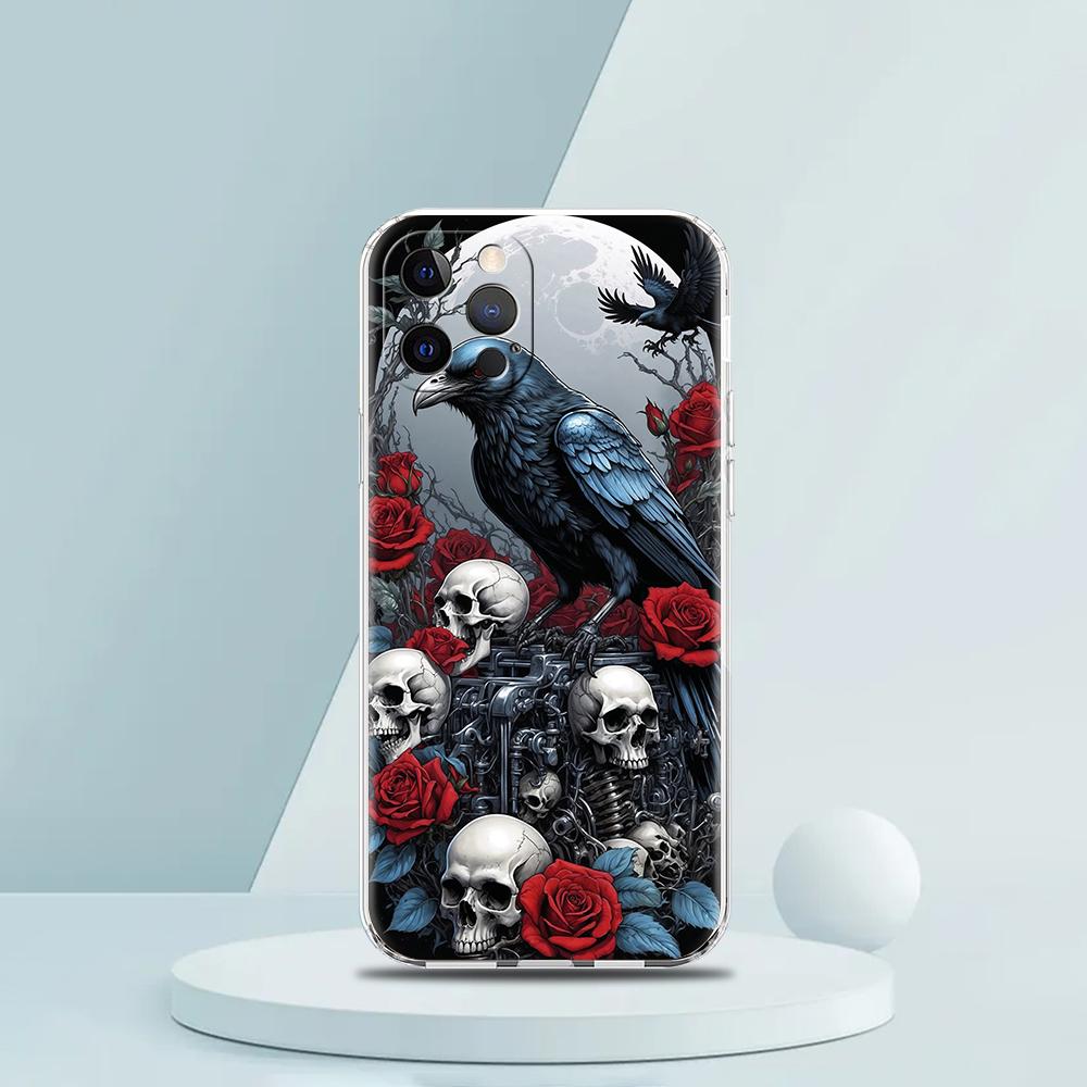 

Soft TPU Transparent Phone Case Cover for iPhone 16 15 14 13 12 11 Pro Max XR 8 7 Plus XR Shockproof Shell Raven Crow Skull Bags for iPhone 16