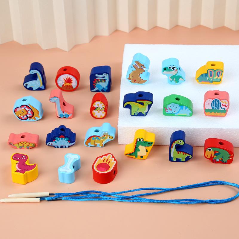 Wooden Dinosaur Beaded Rope Toy, Children DIY Baby Early Education Educational Beads Large Particle Building Block