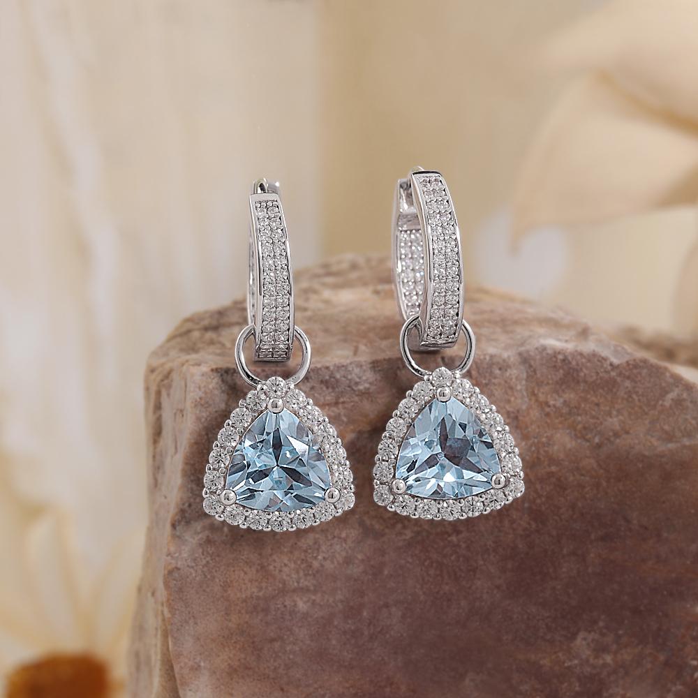 Classic two wear method design women's earrings Natural triangle 8.0mm sky blue topaz 925 sterling silver jewelry for party wear
