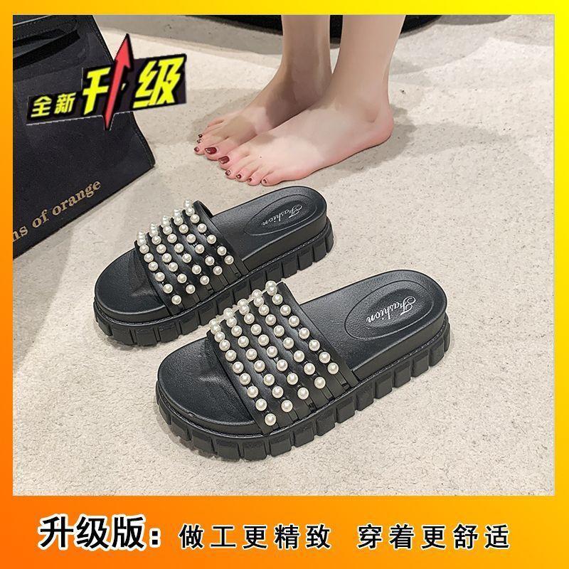 

Korean version of versatile fashion muffin cool slippers women s outerwear 2025 autumn and summer new high-heeled pearl thick bottom one-word drag 40