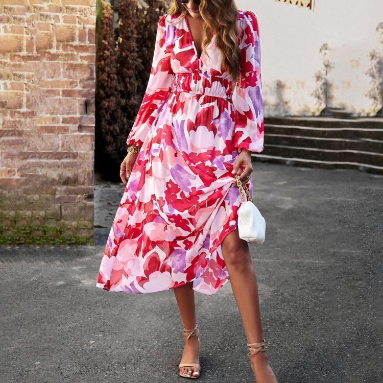 Autumn Winter Women Casual Dress Long Sleeve V Neck Print A Line Knee Length High Waist
