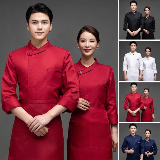 Women Men Chef Shirt Breathable Sweat Absorption Solid Color Long Sleeves Stand Collar Cooking Restaurant Plus Size Unisex Pocket Chef