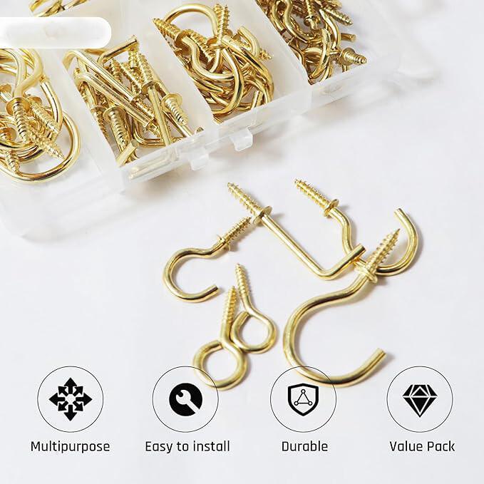 RSINC 73pc Assorted Hook Set Golden Nickel Plated, Multipurpose Eye,Cup,Square B0C1JH1W4R