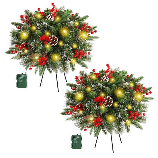Pre-lit Christmas Tree Urn Filler 20 Inch Artificial Pine Tree with Pinecone Red Berries Battery Powered Light Up Planter Filler with Tripod Stake