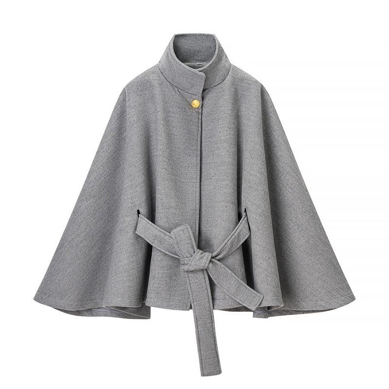 Women Wool Blend Cape Jacket With Metal Buckle Belt