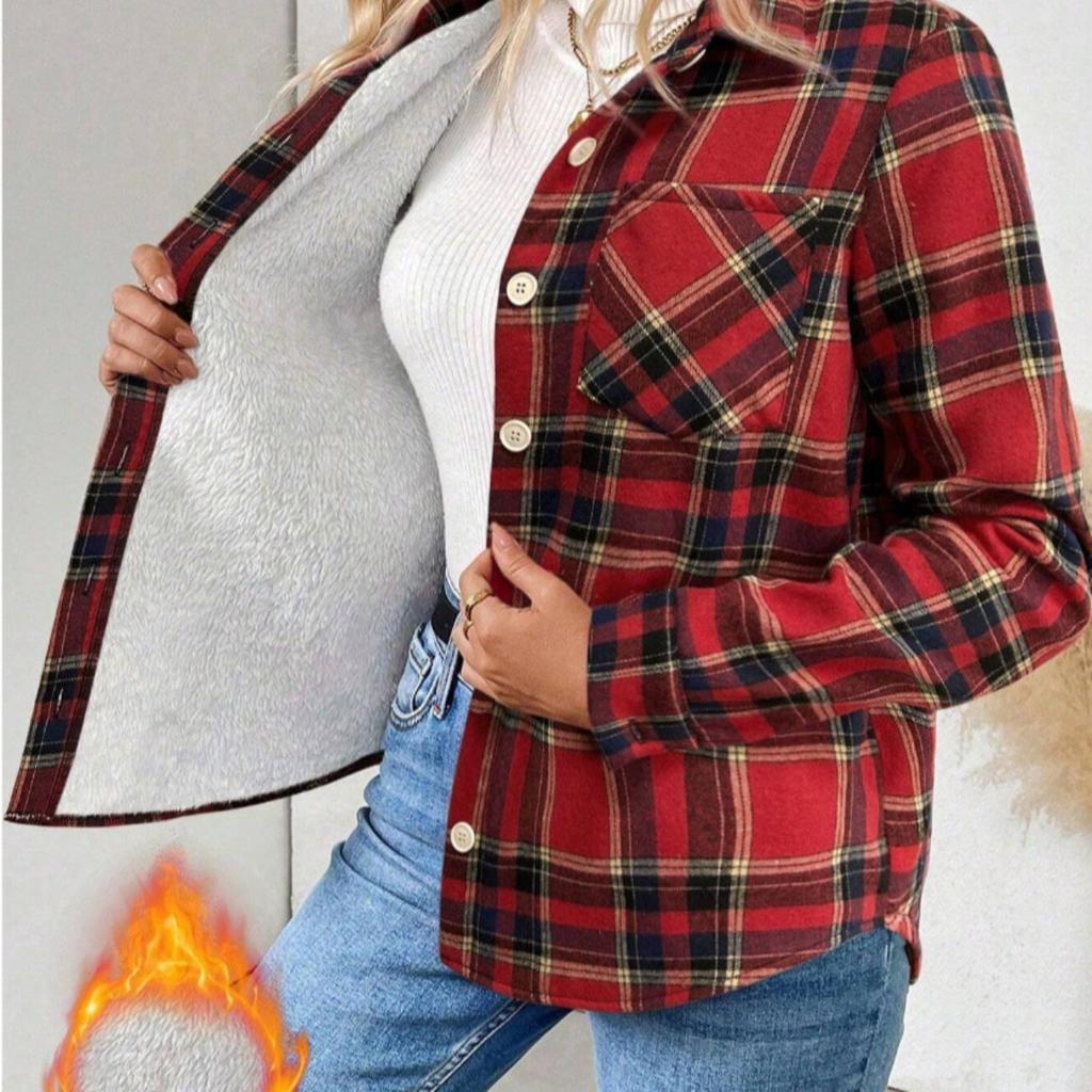 Ladies', Plush, Warm Shirt, Button Up, Lapel, Pocket, Plaid Top, Casual Shirt