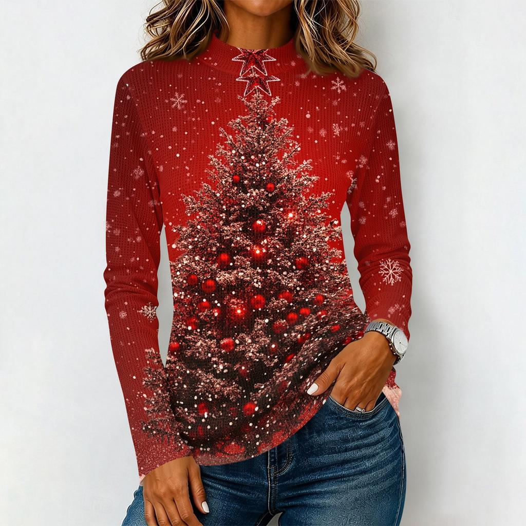 Women's Long Sleeve Knit T-Shirt with Neck and Christmas Print for Casual Wear