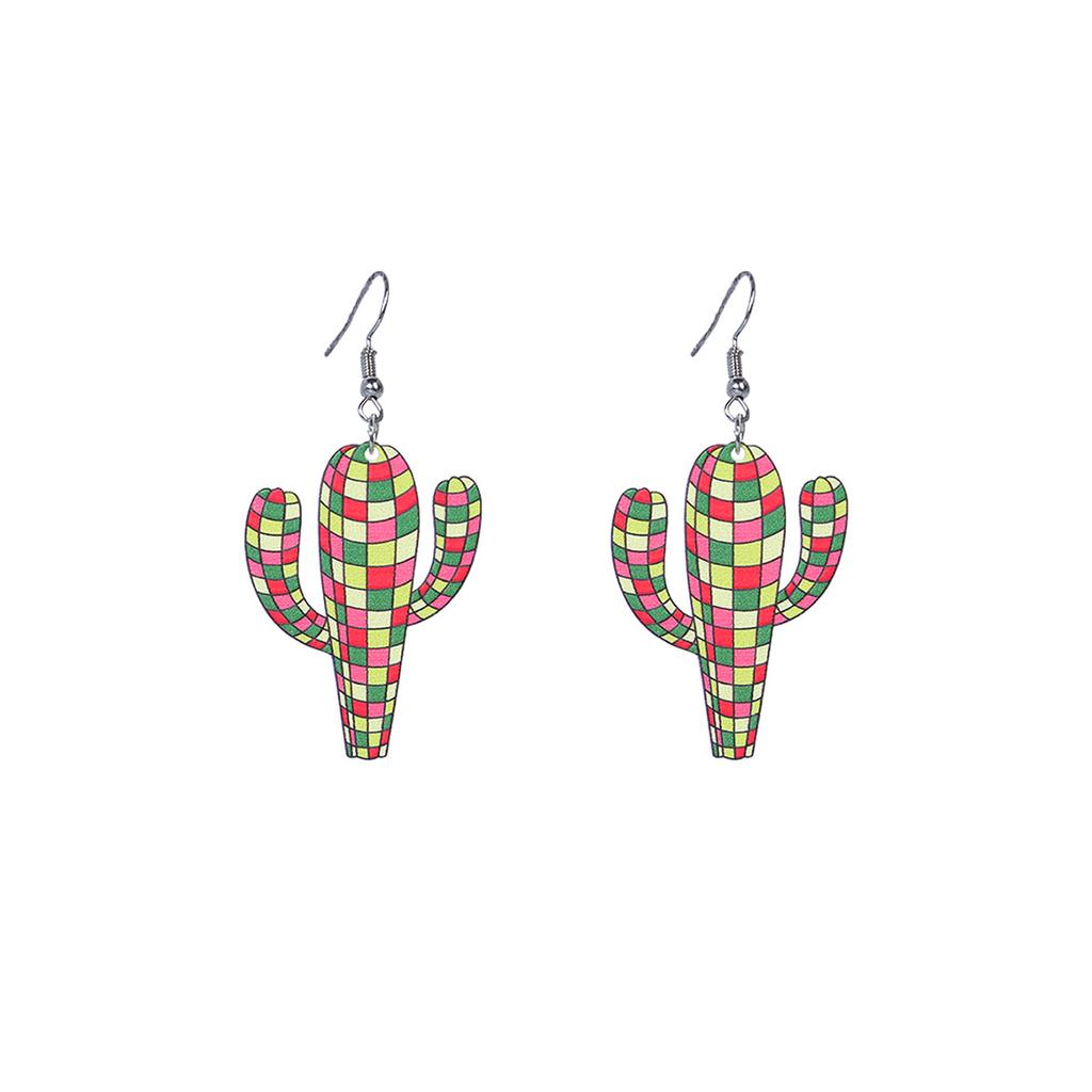 Personalized And Creative Checkered Colored Cactus Earrings, Exaggerated Acrylic Cow Pattern Earrings