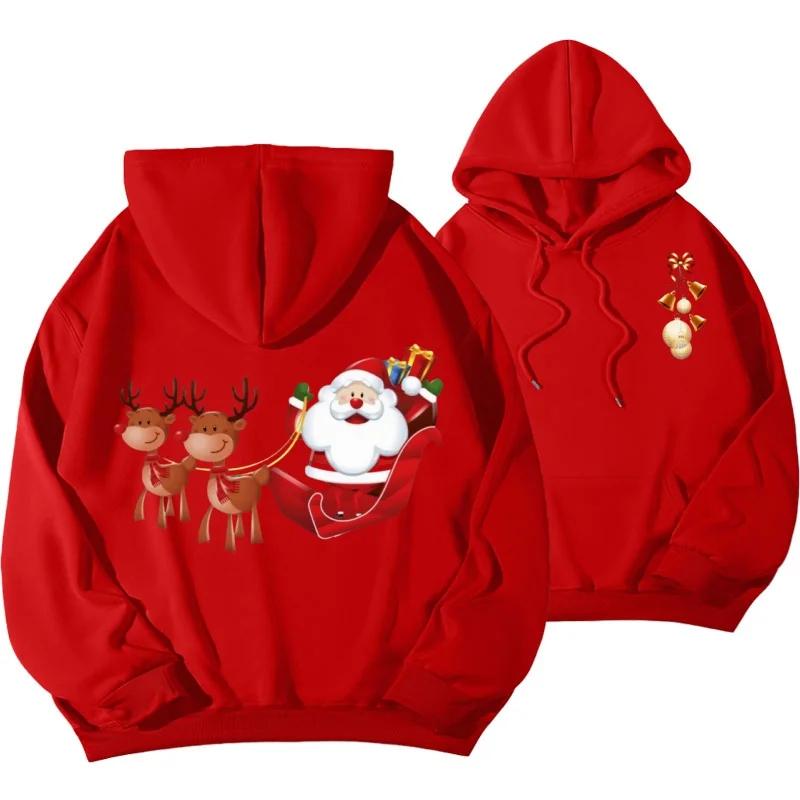 Cute Cartoon Flying Reindeer Santa Claus Graphic Unisex Hooded Sweatshirt, Loose-fit Winter Xmas Streetwear