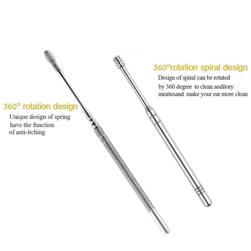 Stainless Steel Ear Pick Wax Remover Curette Ear Cleaner Spring Double Head Rotating Ear Scoop Set