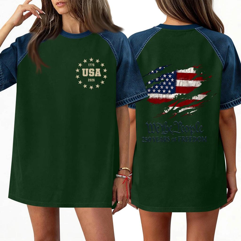 Denim Patchwork Shirts For Women Stand Collar Casual Blouse Short Sleeve Comfy Tshirt Spring Summer Fashion