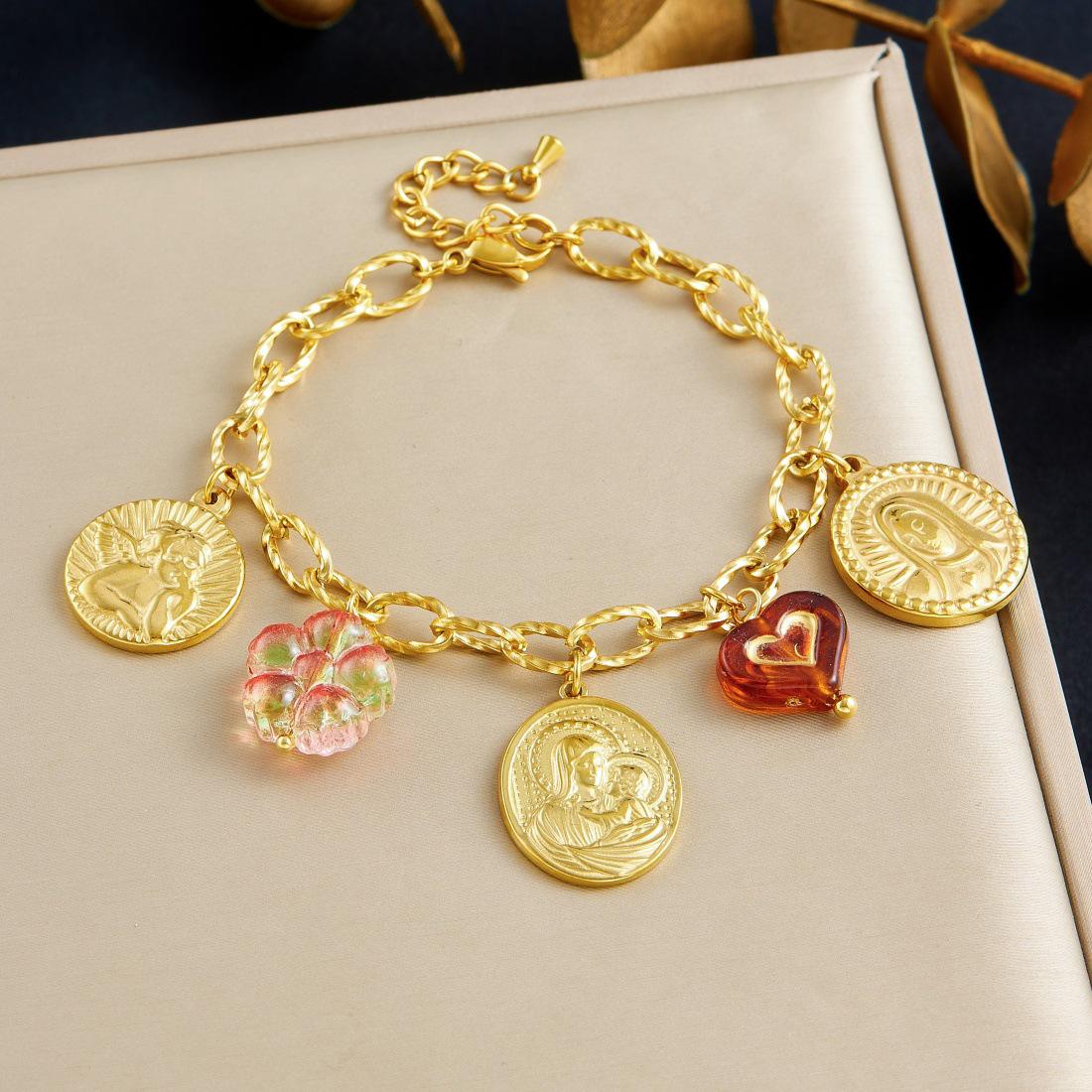 Fashion Light Luxury Retro Gilded Oval Embossed Portrait Cross Pendant Stainless Steel Flower Set