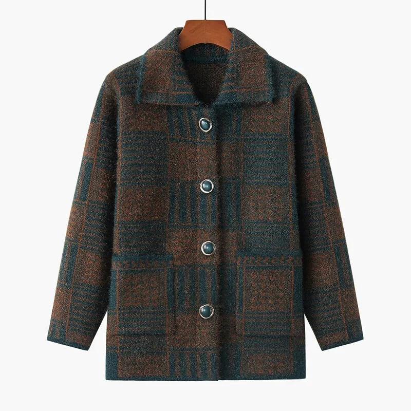 Sweater Jacket Women's Fall and Winter Warm and Comfortable Elastic Knit Sweater Casual Thickened Soft Plaid Sweater