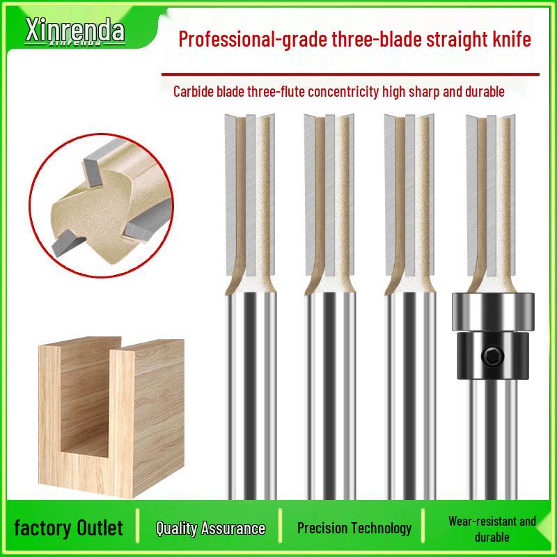 Pro Grade 3-Flute Straight Knife Grooving & Trimming Woodworking Cutter with Alloy Head & Bearing