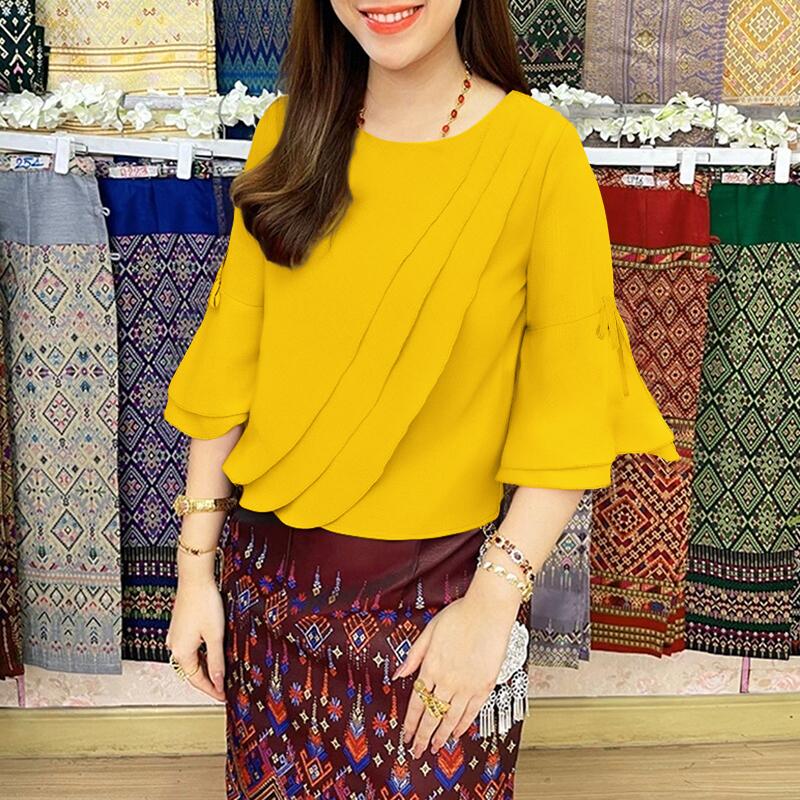 

ZANZEA Женская повседневная блузка с круглым вырезом, рукавами 3/4 и расклешенным низом, свободного кроя 4XL жёлтый