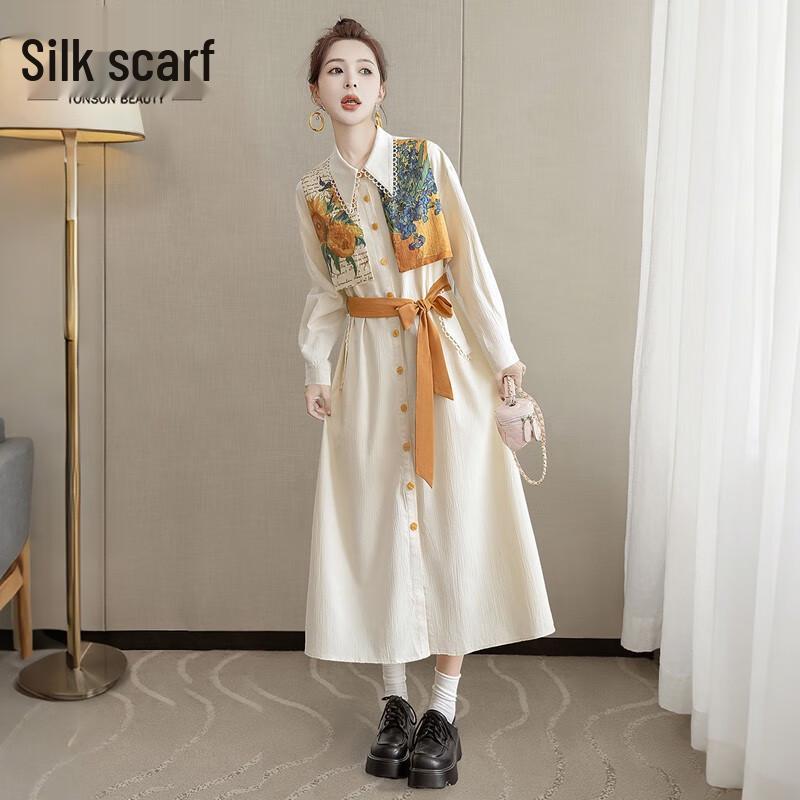 

Sibaishe Lapel Long Sleeve Fake Two-Piece Midi Shirt Dress L