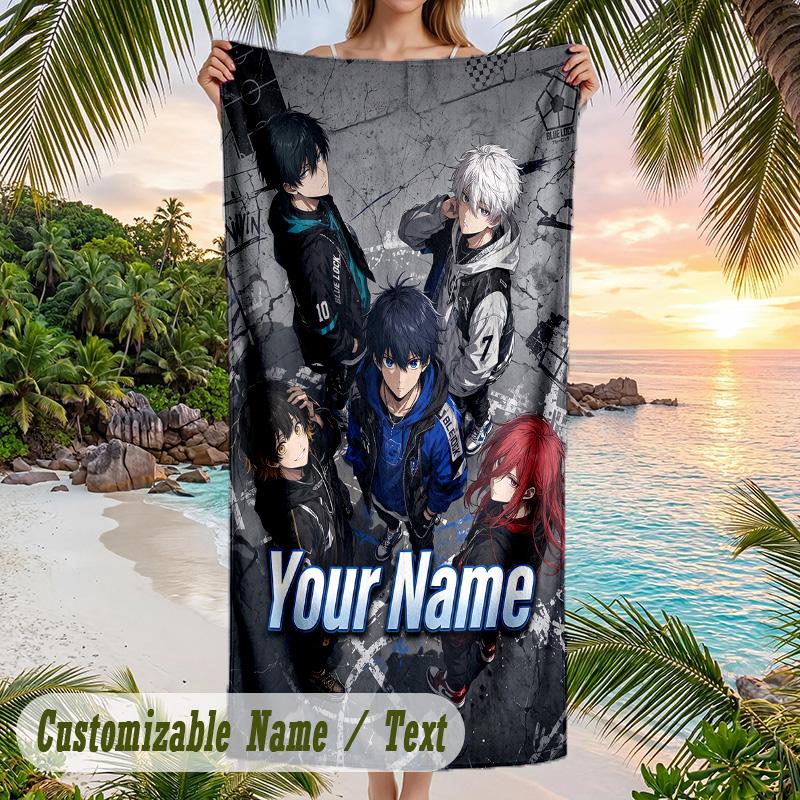 Blue Lock Beach Towel, Personalized Custom Name Text, Quick Dry Large Absorbent Towel For Beach Pool