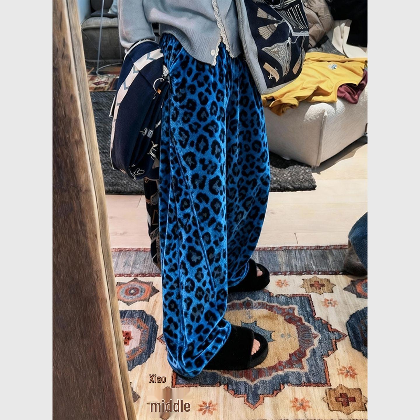 2025 Winter Blue Leopard Velvet Wide-Leg Pants for Women S