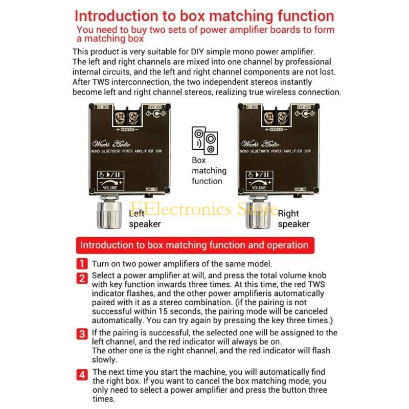 

B03C ZK-301B Mono 30W BT5.3 AudioAmplifier Module Support True Wireless TWS Pair Box Diy Simple Mono Amplifier Board China Mainland