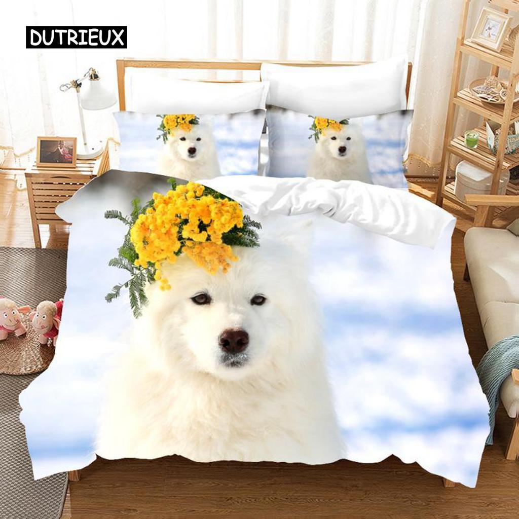 Samoyed Duvet Cover Set Cute Dog Pattern Decor Bedding Set Grass Green for Kids Girls Adults Lovely Animal Polyester Quilt Cover