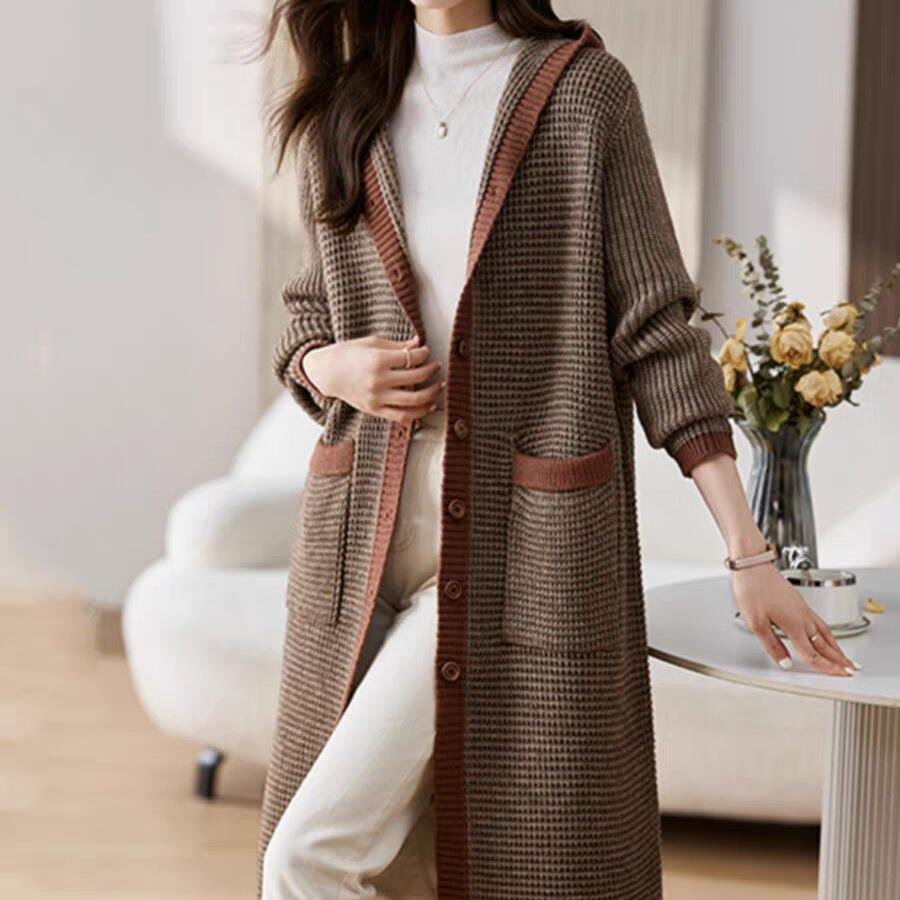 Autumn and Winter Knitted Color Matching Hooded Cardigan Women's New Knee-length Loose Twist Thickened Sweater Jacket