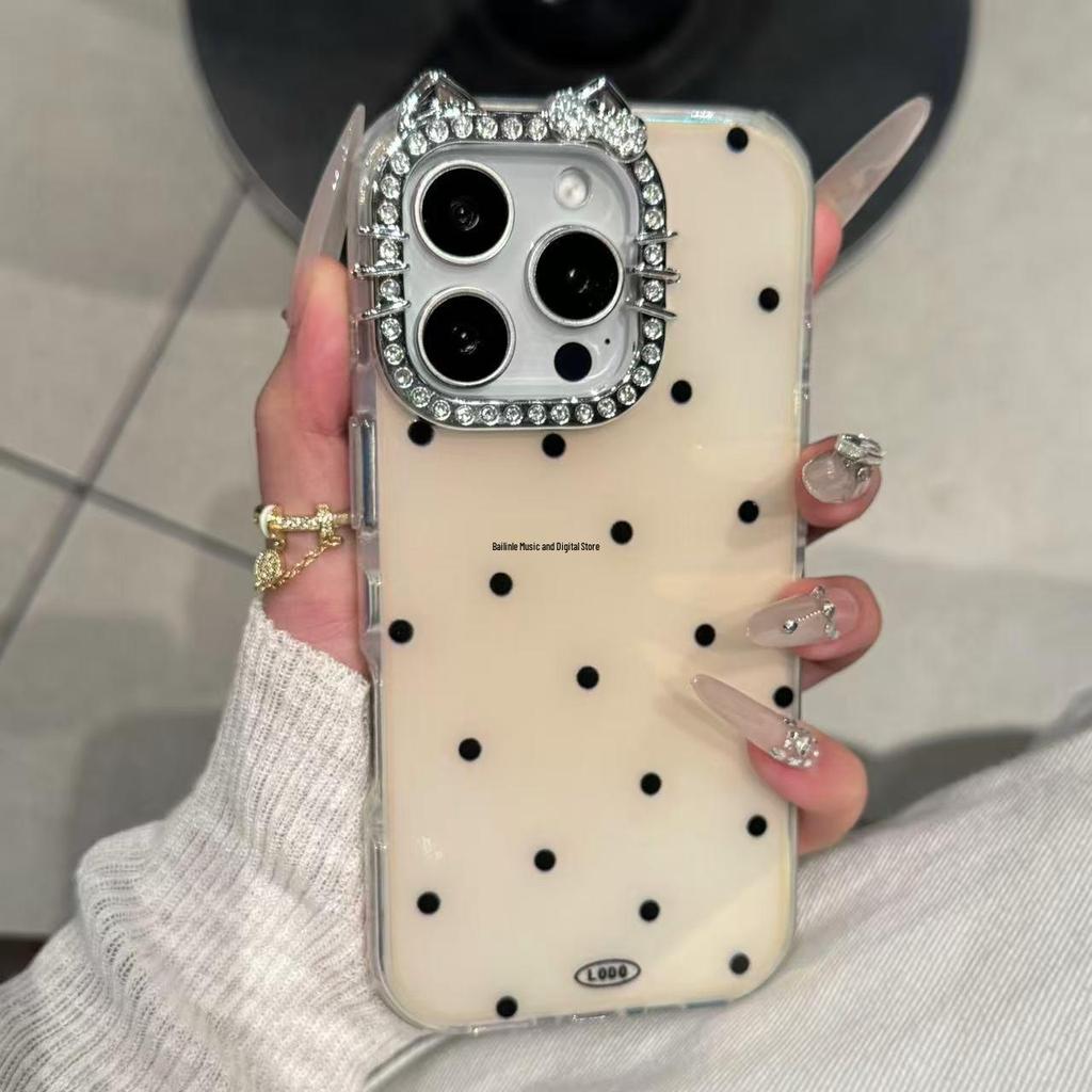 INS Style Full-Screen Polka Dot Cat Lens Case for iPhone 17/16 Pro Max - Simple Design for iPhone 15/13