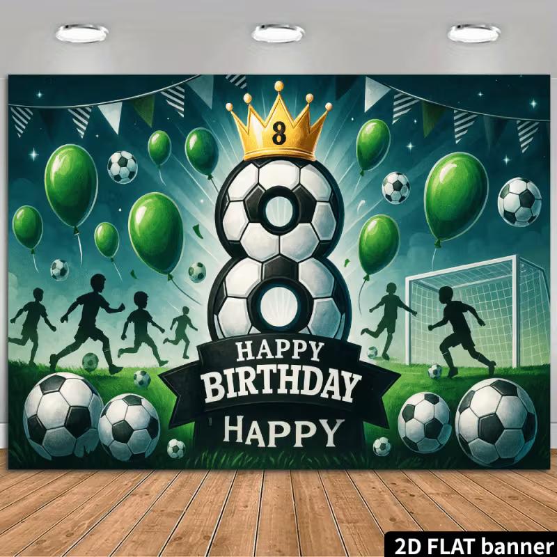 2D Football 8th Birthday Banner, Soccer Ball & Player Silhouette Background 47.2x31.5inch/120*80cm