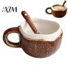Tazza Smaltata Facile da Pulire, Tazza in Guscio di Cocco Vintage in Ceramica, Tazza da Caffè Irregolare Fatta a Mano con Cucchiaino, Texture Rustica Sagomata per Colazione, Fiocchi d'Avena, Tè per
