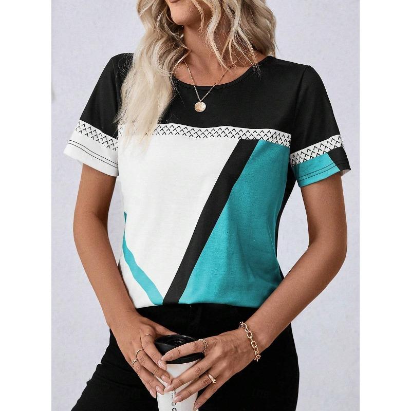 Women's T Shirt Graphic Casual Short Sleeve Round Neck Regular Tops Daily Patchwork Print Red Blue Khaki Summer