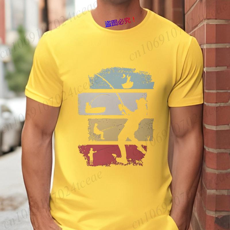 Vintage Fishing Men's T-Shirts Retro Color Block Fisherman Silhouette Graphic Tees Casual Short Sleeve Tops Oversized Clothing