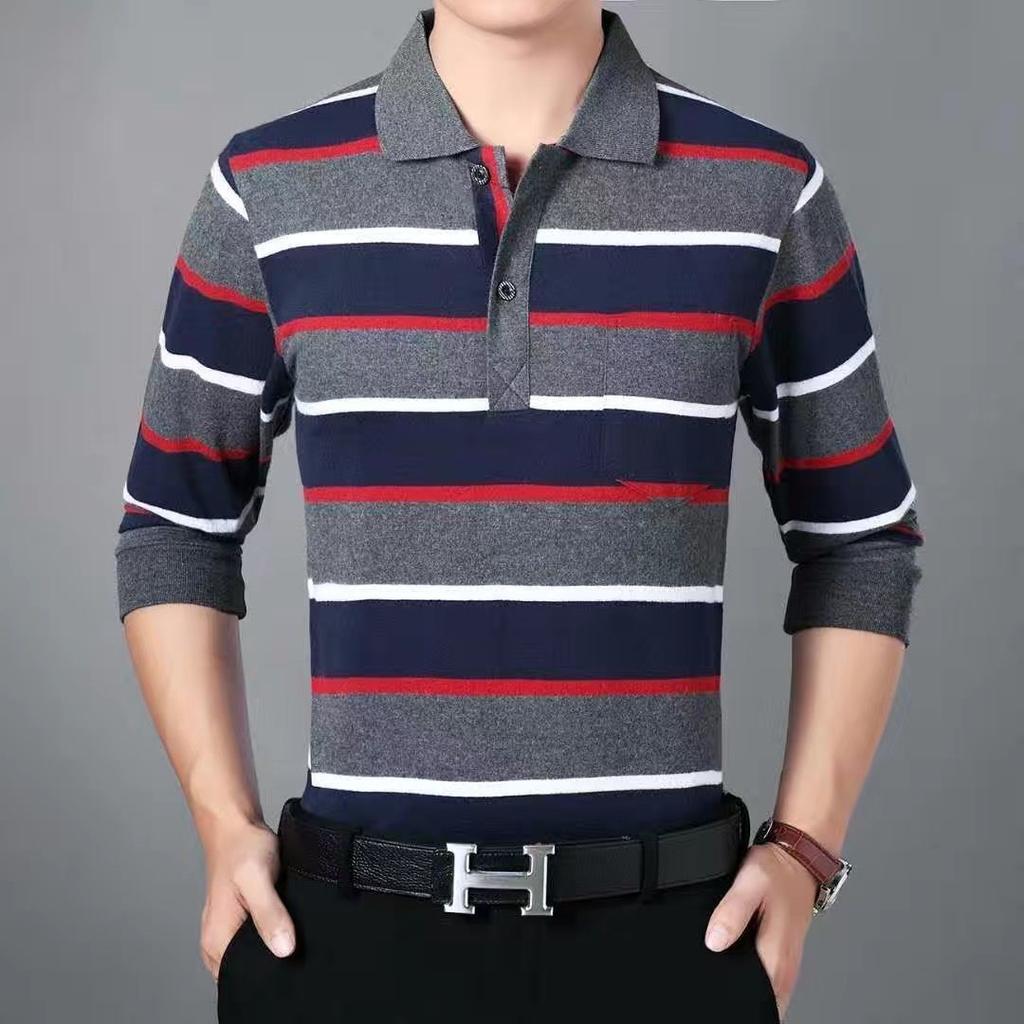 Moda Hombre Nuevo Negocios Camisas Polo Rayadas Coreano Primavera Otoño Casual Manga Larga Solapa Bolsillos Ropa Masculina Algodón Tops 2025