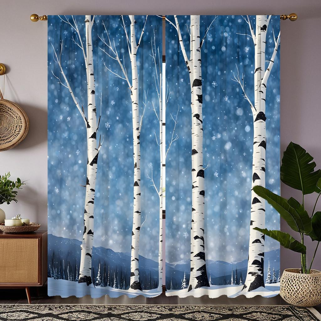 2pcs Set HD Large Natural Poplar Decorative Curtain Blue Tie Digital Printed Curtain Home Decoration Style Decoration Living
