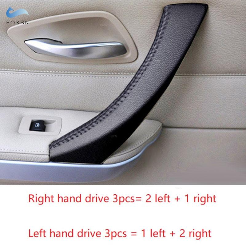 For BMW 3 Series E90 E91 2005-2012 3pcs LHD/RHD Car Interior Hand Sewing Door Handle Pull Leather Cover Black with Red Blue
