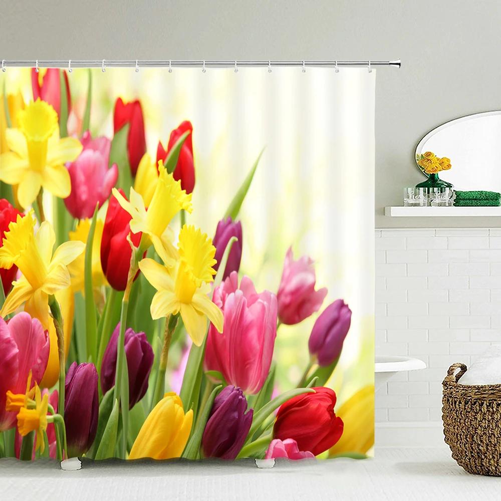 Tulip Rose Fresh Flowers Shower Curtains Waterproof Polyester Fabric 3D Printed Bathroom Screen Home Decoration Shower Curtain